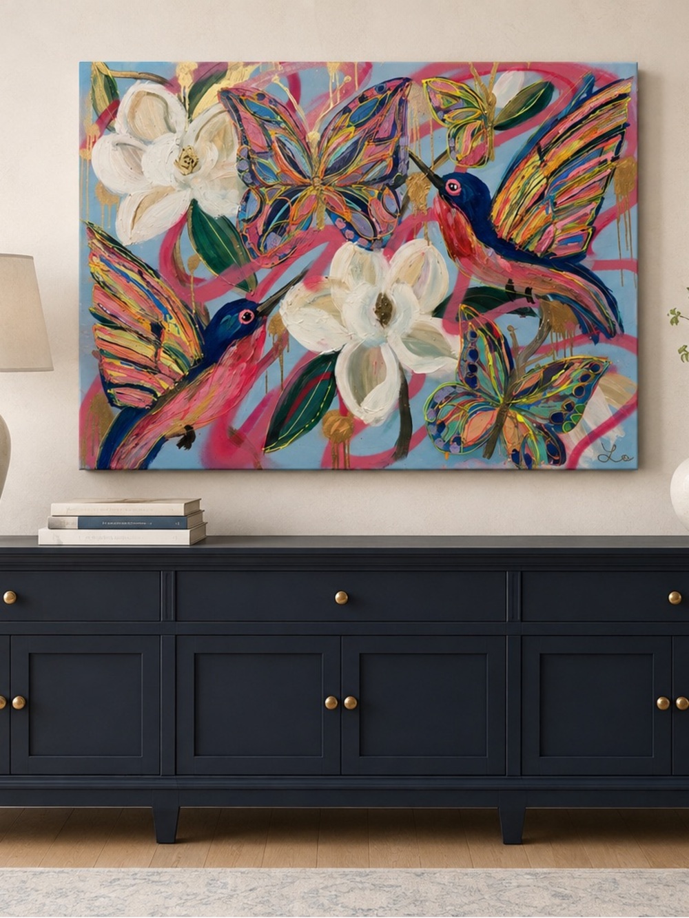 Original Hummingbird Butterfly Magnolia Painting 30x40 Textured Acrylic Art